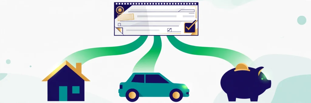 Flat vector illustration of a paycheck splitting toward a house, a car, and a piggy bank