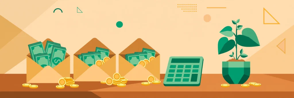 Person budgeting on a low income with cash envelopes and calculator